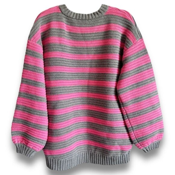 Free People Links Pullover XS Pink Gray Striped Sweater Rib Knit Oversized New - Picture 7 of 9